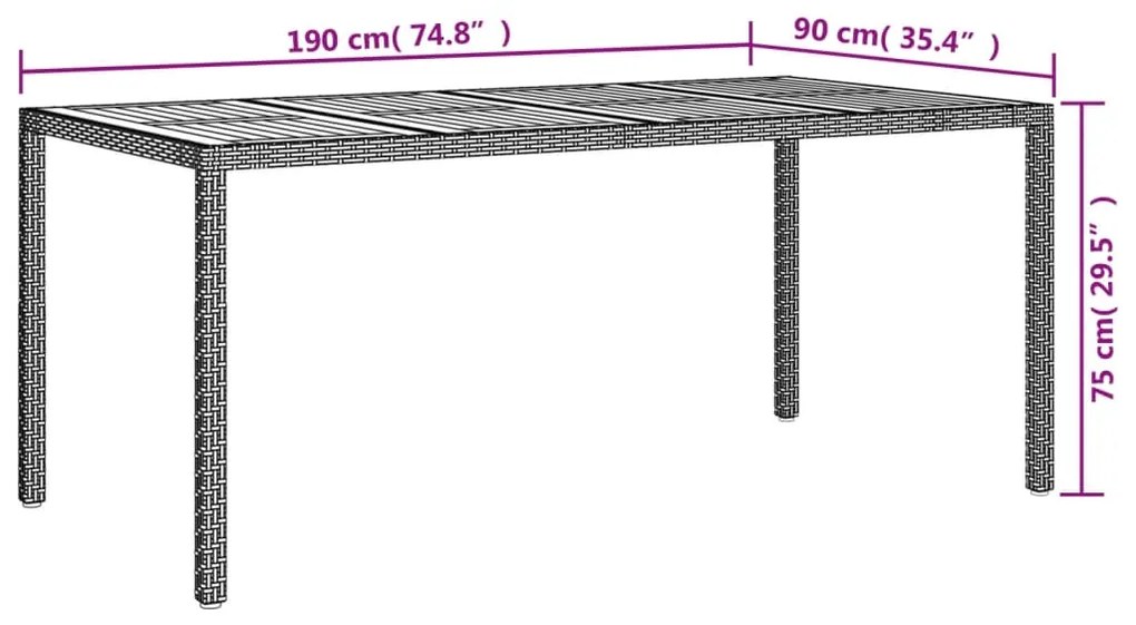 Mesa de jardim 190x90x75 cm vime PE e acácia maciça cinzento