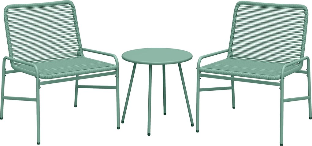 Outsunny Conjunto de Jardim Exterior 3 Peças em Resina Trançada e Aço, Mesa de Jardim Redonda com 2 Cadeiras, 58x67x75cm, Verde | Aosom Portugal