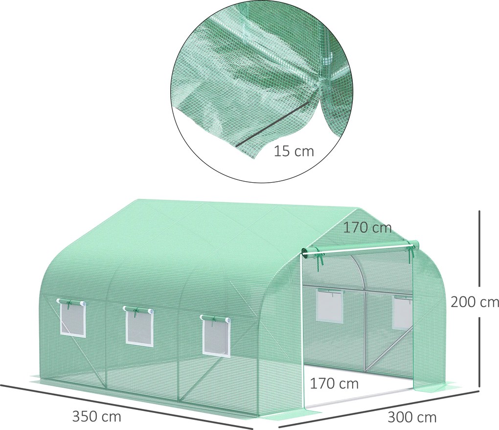Estufa tipo túnel para jardim, 10,5 m², dimensões: 3,5 m (L) x 3 m (C) x 2 m (A), porta + 6 janelas enroláveis, aço galvanizado, lona de PE de alta de