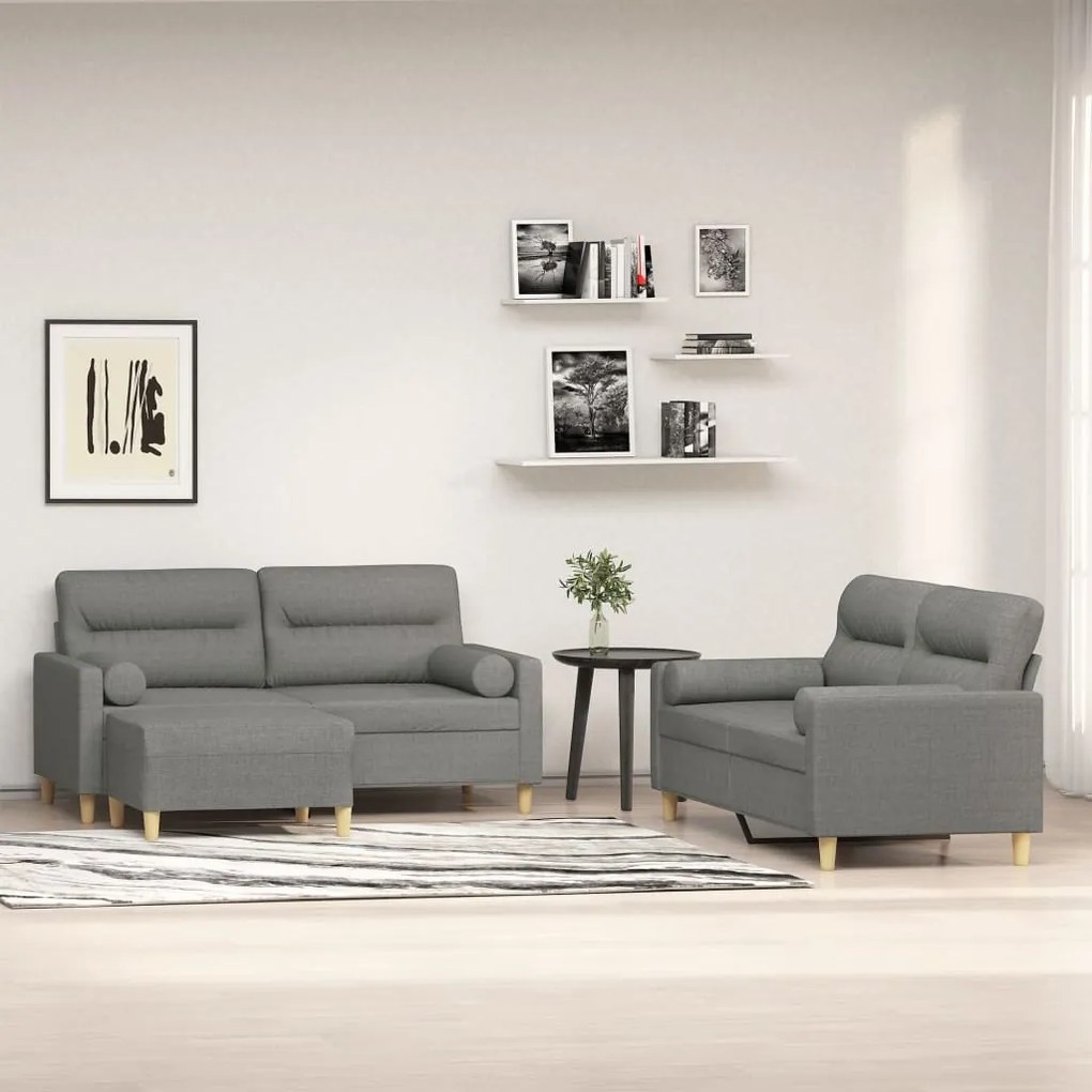 vidaXL 3 pcs conjunto de sofás c/ almofadões tecido cinza-escuro