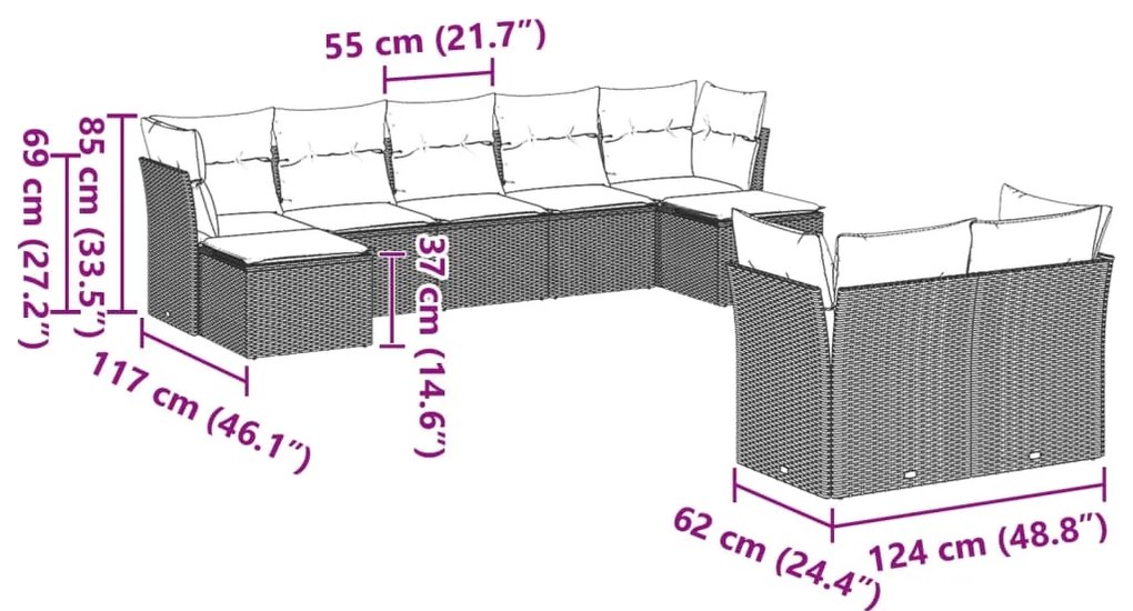 9 pcs conj. sofás jardim com almofadões vime PE cinzento-claro