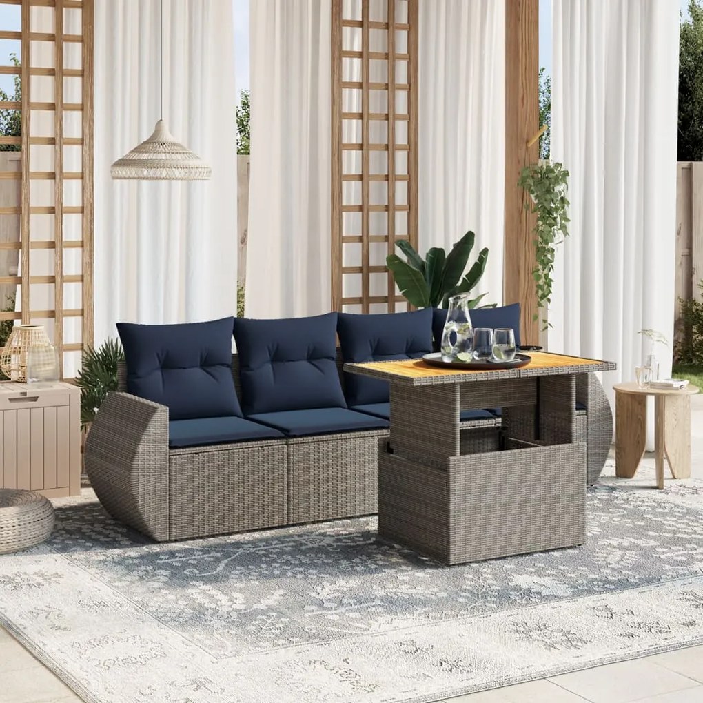 vidaXL 5 pcs conjunto sofás p/ jardim c/ almofadões vime PE cinzento