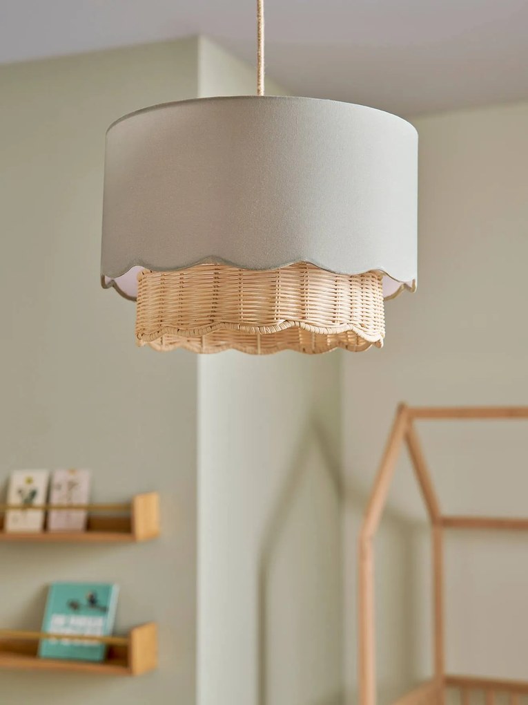 Abajur para candeeiro de teto, em tecido e rattan, Ondulado verde-salva