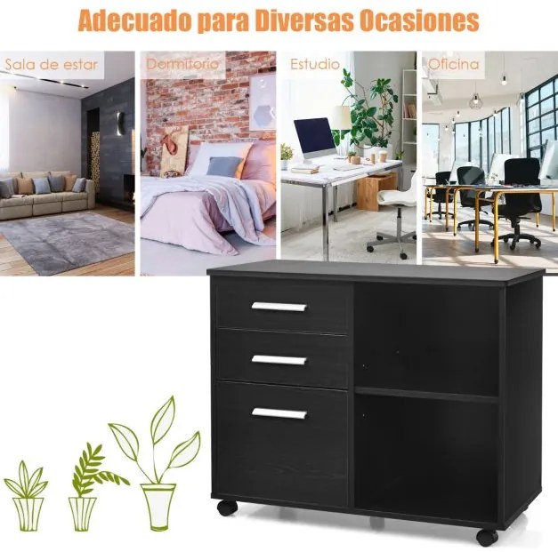 Armário de arquivo móvel com 3 gavetas com rodas Suporte para impressoras para escritório 81 x 41 x 66 cm Preto