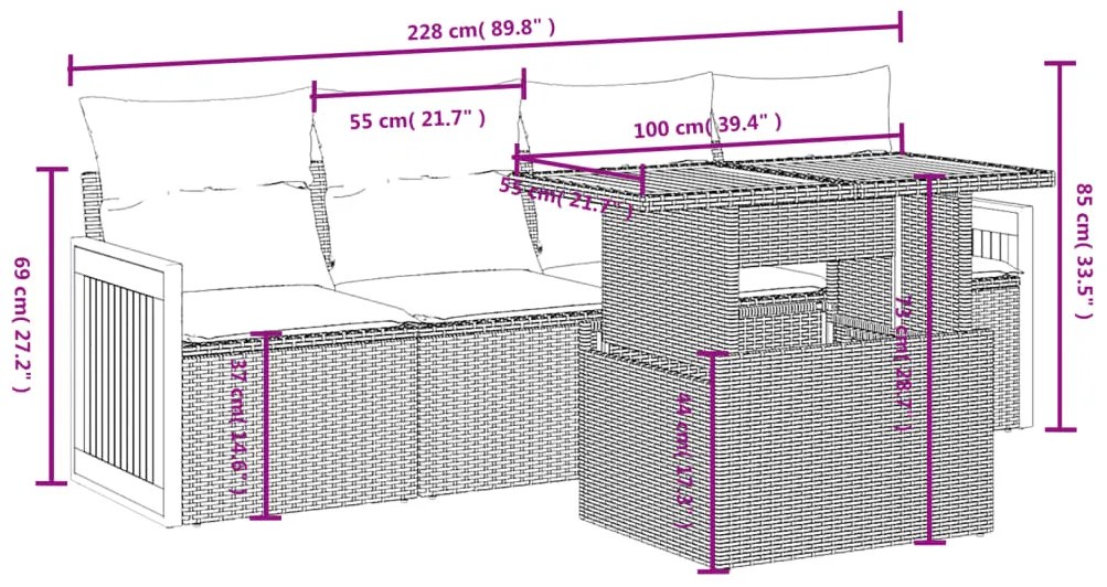 5 pcs conjunto sofás de jardim com almofadões vime PE preto