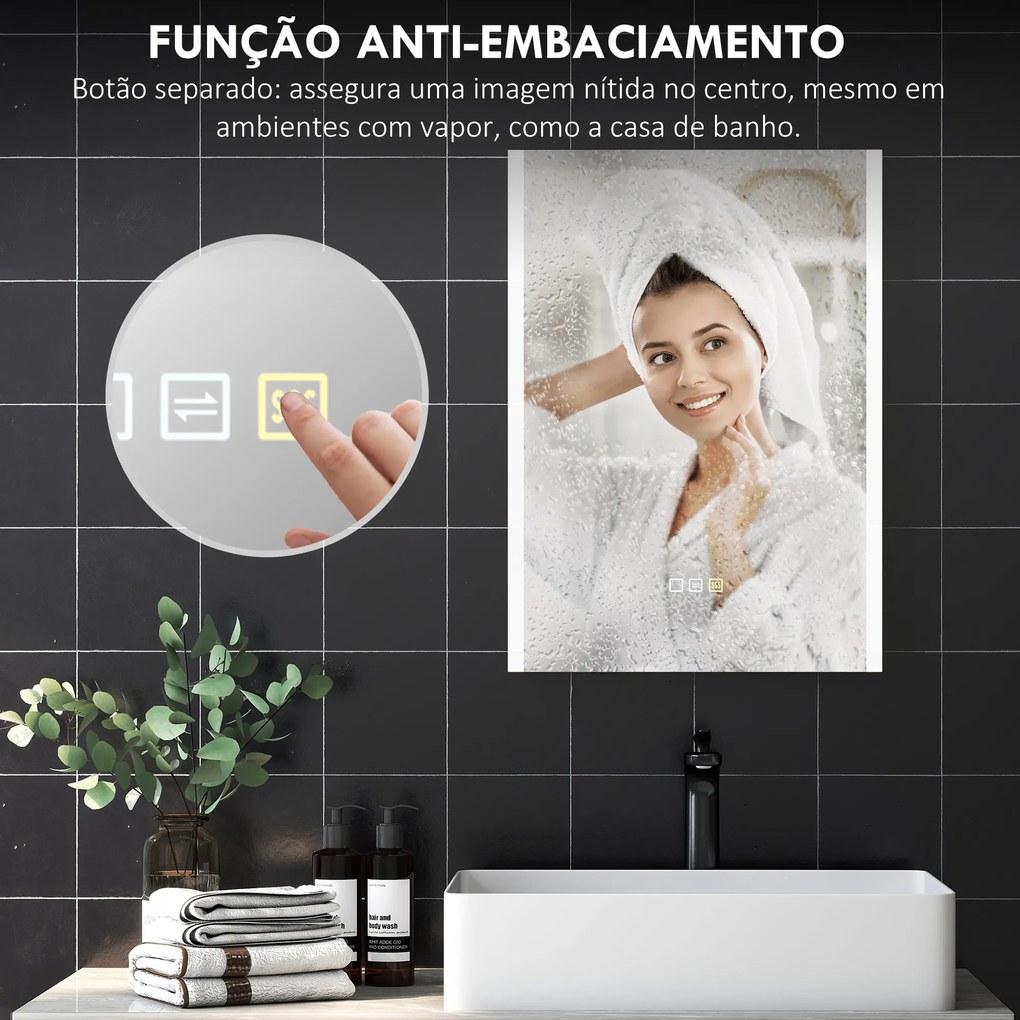 Espelho de Casa de Banho com Luz LED 70x50 cm 3 Cores de Luz Função Antiembaciamento Função de Memória IP44 Prata