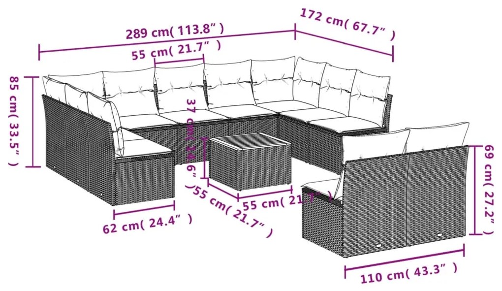 12 pcs conjunto de sofás de jardim c/ almofadões vime PE preto