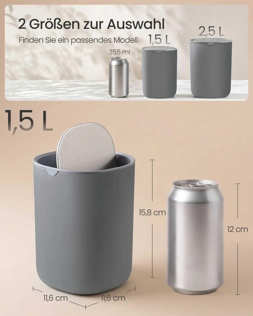 Caixote do lixo de mesa escritório 11,6 x 11,6 x 15,8 cm em aço inoxidável, 1,5 L, com tampa basculante cinzento