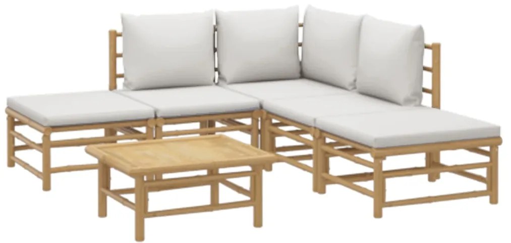 6 pcs conj. lounge de jardim bambu c/ almofadões cinzento-claro