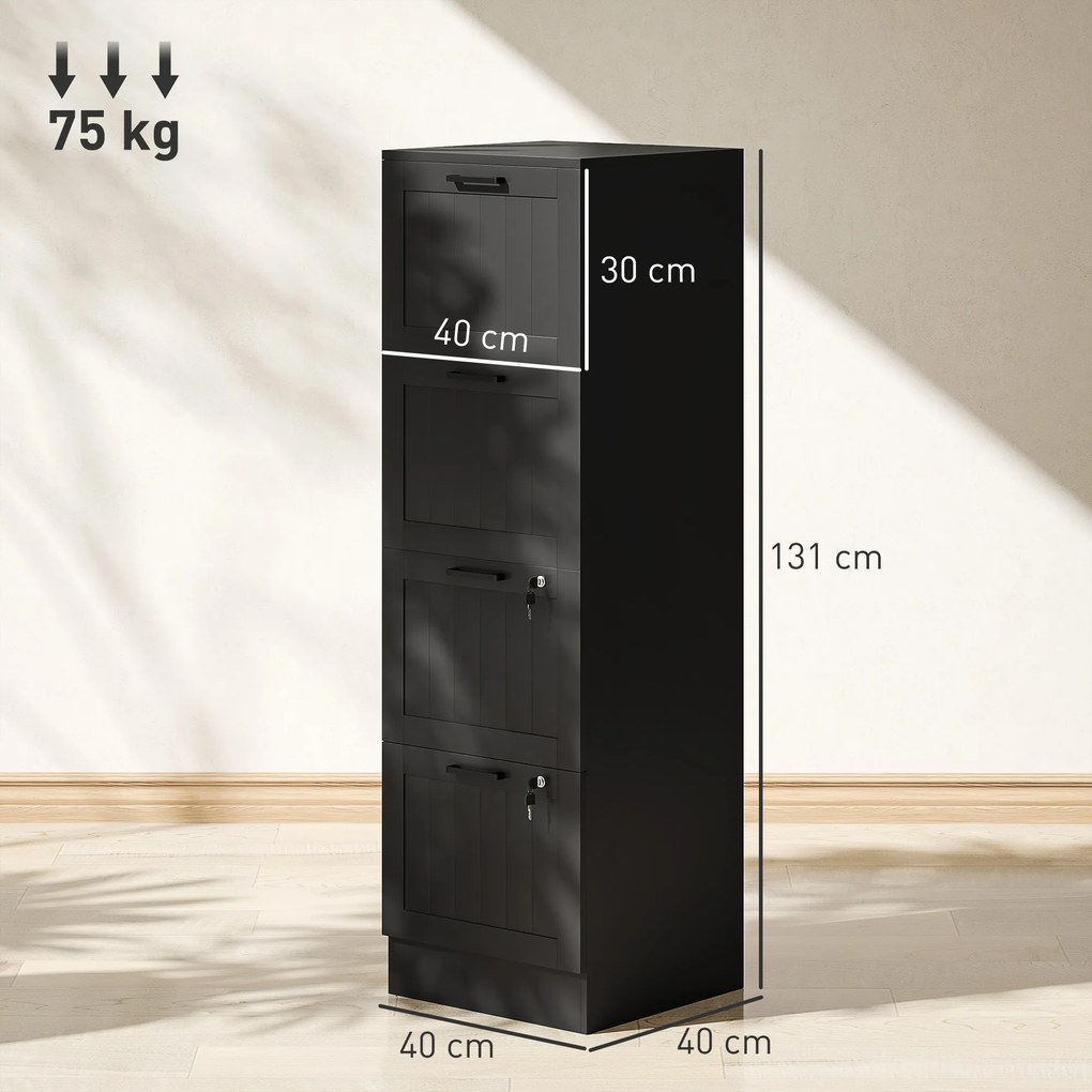 Bloco gavetas de escritório 40 x 40 x 131 cm, móvel de arrumação em madeira com 4 gavetas e fechadura, varas de suspensão ajustáveis, preto