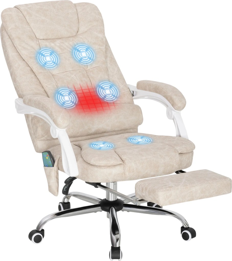 Cadeira de escritório com função de massagem e aquecimento, altura ajustável, encosto reclinável, 65 x 70 x 111–119 cm, creme