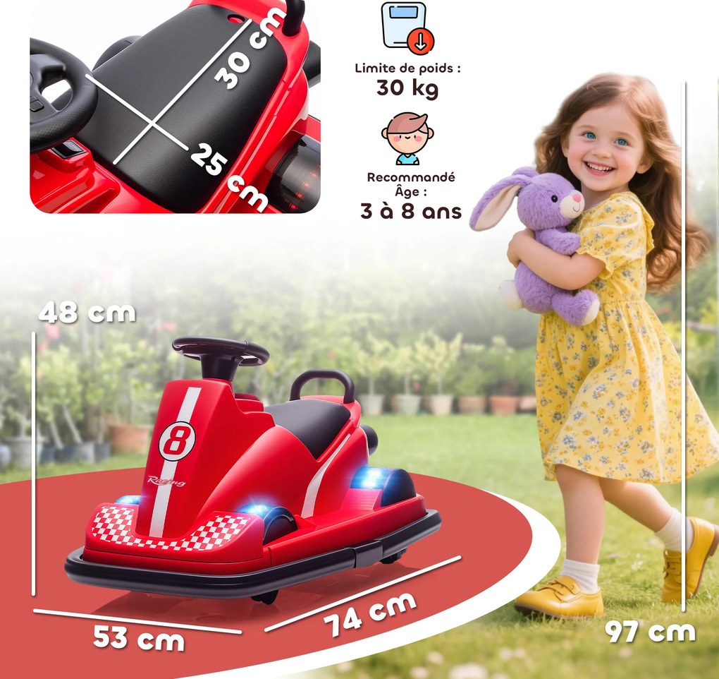 Carrinho de choque para crianças 6 V, rotação de 360°, música, buzina, arranque suave, 2,5 km/h, para idades entre os 3 e os 8 anos, 74 x 53 x 48 cm,