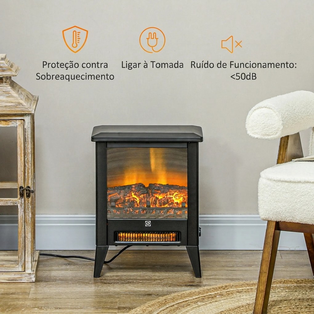 Lareira Decorativa Independente 1800 W com Efeito de Chama LED Baixo Ruído e Proteção contra Sobreaquecimento Preto