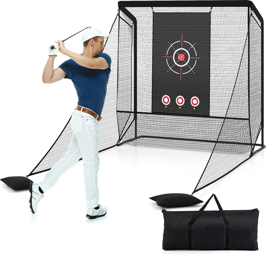 Rede de treino de golfe com redes laterais amovíveis, tecido branco e saco de transporte portátil para uso interior e exterior, 214x300x225 cm