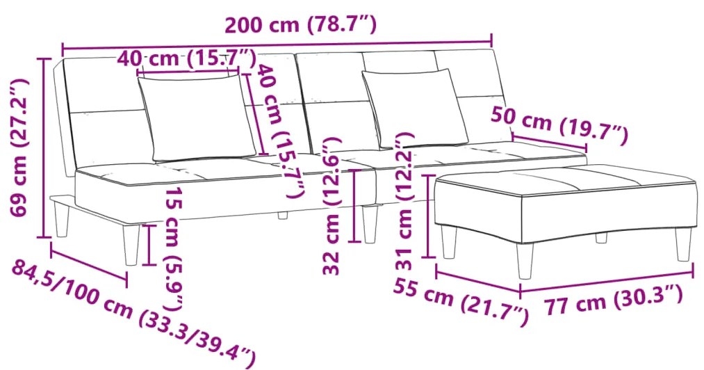 Sofá-cama 2 lugares c/ apoio de pés veludo cinza-claro