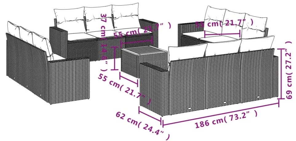 13 pcs conjunto de sofás p/ jardim com almofadões vime PE bege