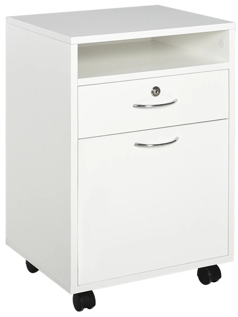 HOMCOM Bloco de Gavetas de Escritório com 4 Rodas Fechadura Prateleira Aberta e Armário 40x35x60 cm Branco