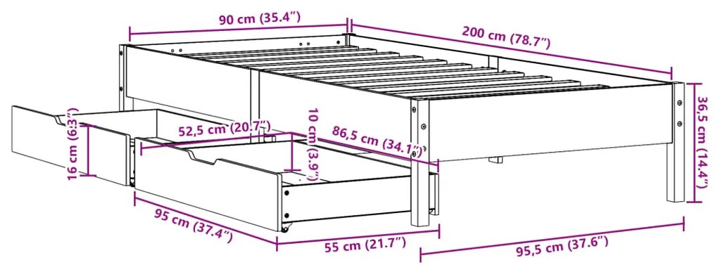 Cama sem colchão 90x200 cm pinho maciço castanho-mel