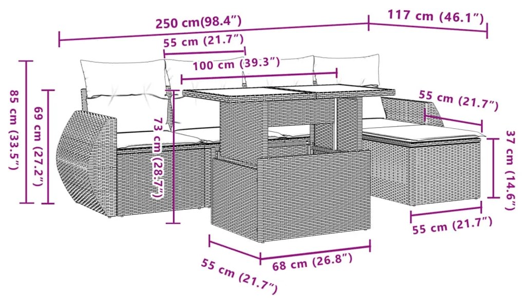 6 pcs conj. sofás jardim com almofadões vime PE cinzento-claro