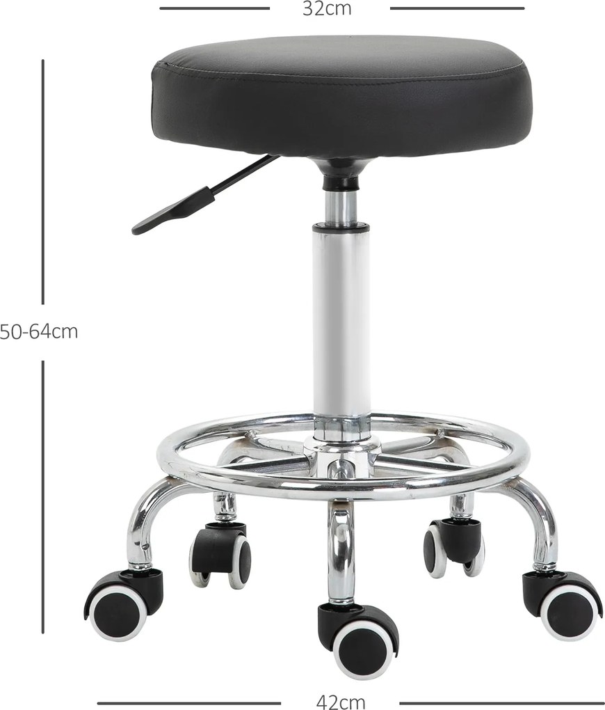 Banco com rodas, banco de massagem com altura ajustável de 50 a 64 cm e assento almofadado, giratório a 360°, preto