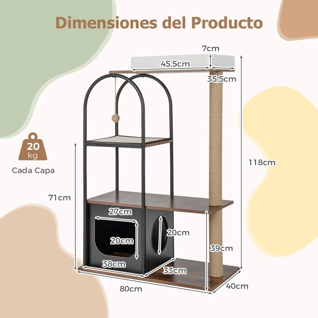 Arranhador para gatos de 118 cm com estrutura metálica Posto de arranhar de juta Tábua de sisal Bola de sisal Centro de actividades suspenso para gato
