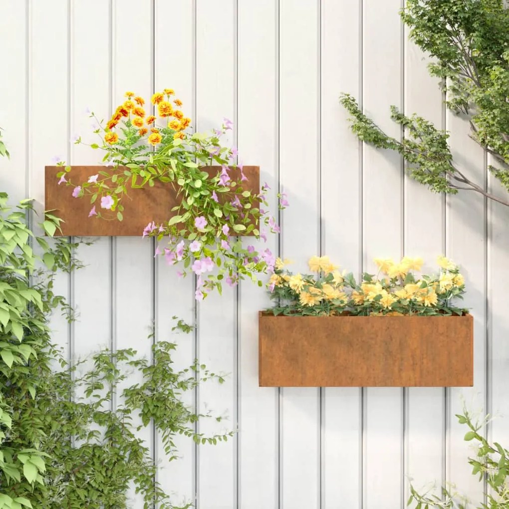 823686 vidaXL Vasos/floreiras de parede 2 pcs 53x10x17 cm aço corten cinzento