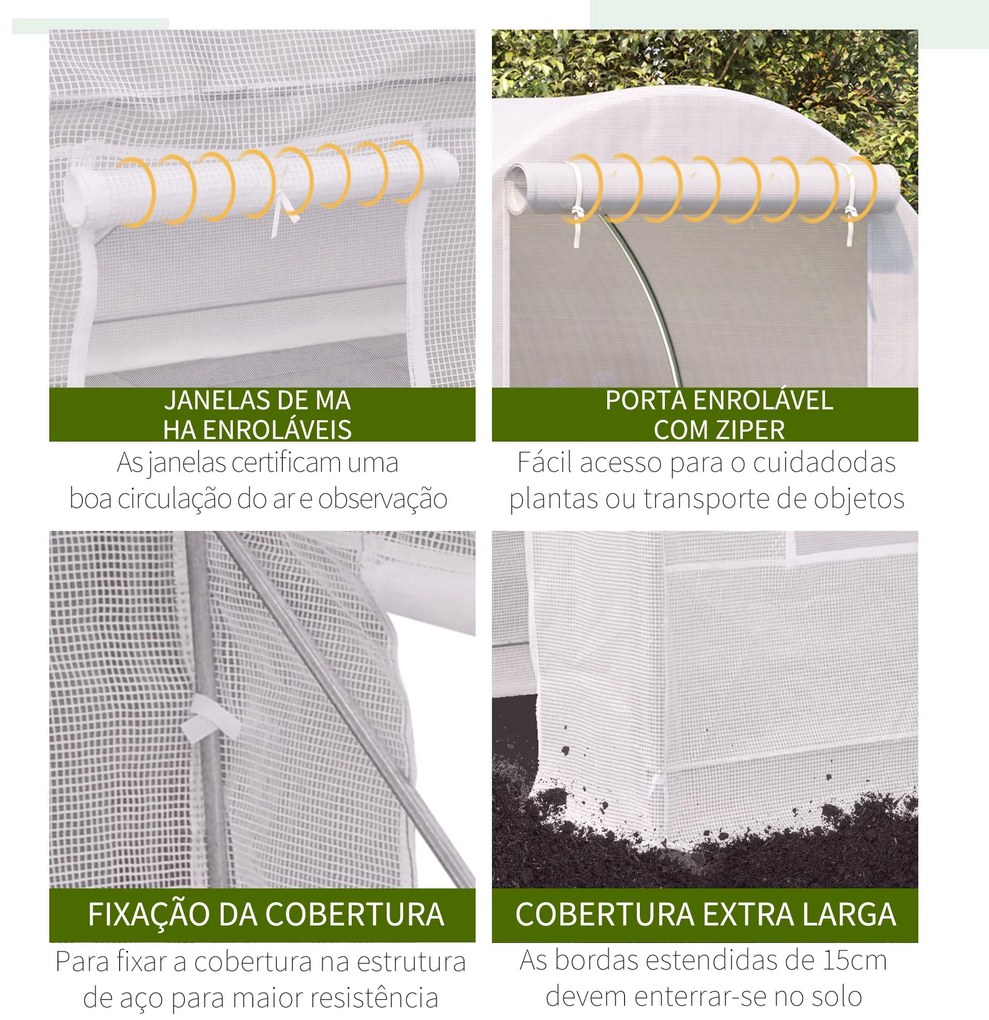 Estufa Tipo Túnel 245x200x200cm Estufa de Jardim com Portas Enroláveis e 4 Janelas Cobertura de PE 140 g/m² Estrutura de Metal para Cultivo de Plantas