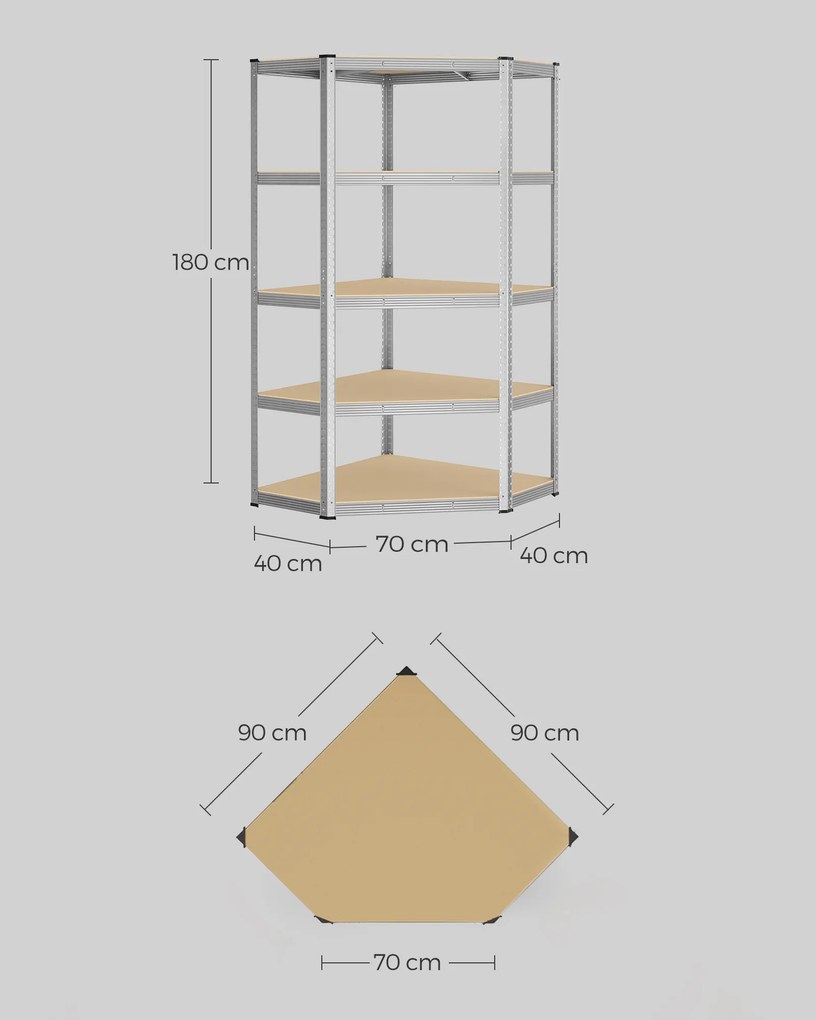 Prateleira industrial de canto 90 x 90 x 180 cm, pode suportar cargas até 875 kg, garagem, arrumos, escritório bege e prateado