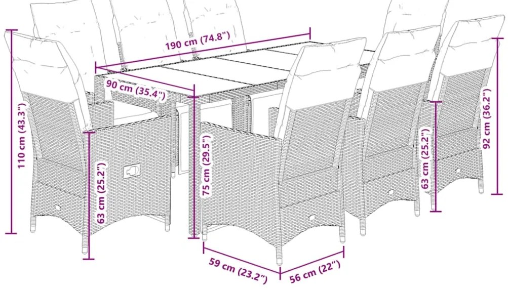 9 pcs conjunto de jantar p/ jardim c/ almofadões vime PE preto