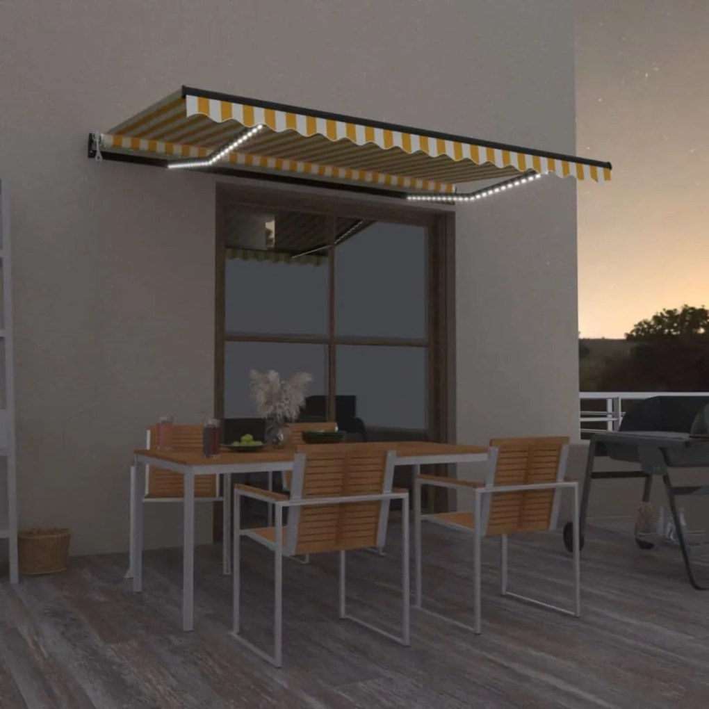 Toldo autom. LED e sensor de vento 450x300 cm amarelo/branco