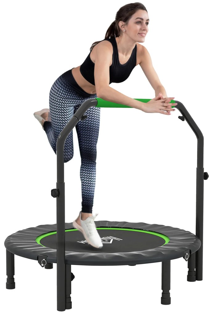 HOMCOM Trampolim Fitness Ø102 Trampolim Dobrável com Pega Ajustável em 4 Níveis Estrutura de Aço para Treino de Pernas Corpo em Casa Escritório Ginásio Verde