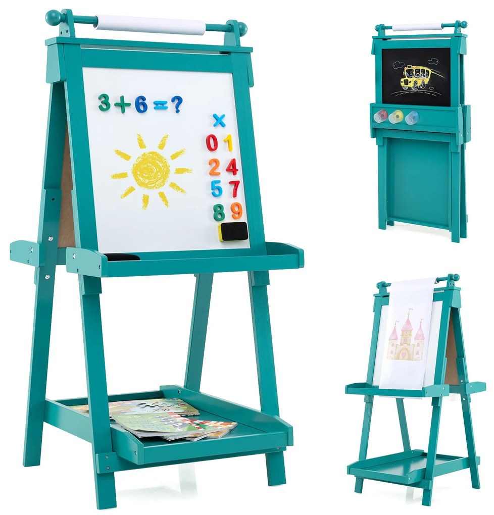 Quadro ajustável em altura para crianças com quadro branco e quadro magnético, cavalete dobrável verde