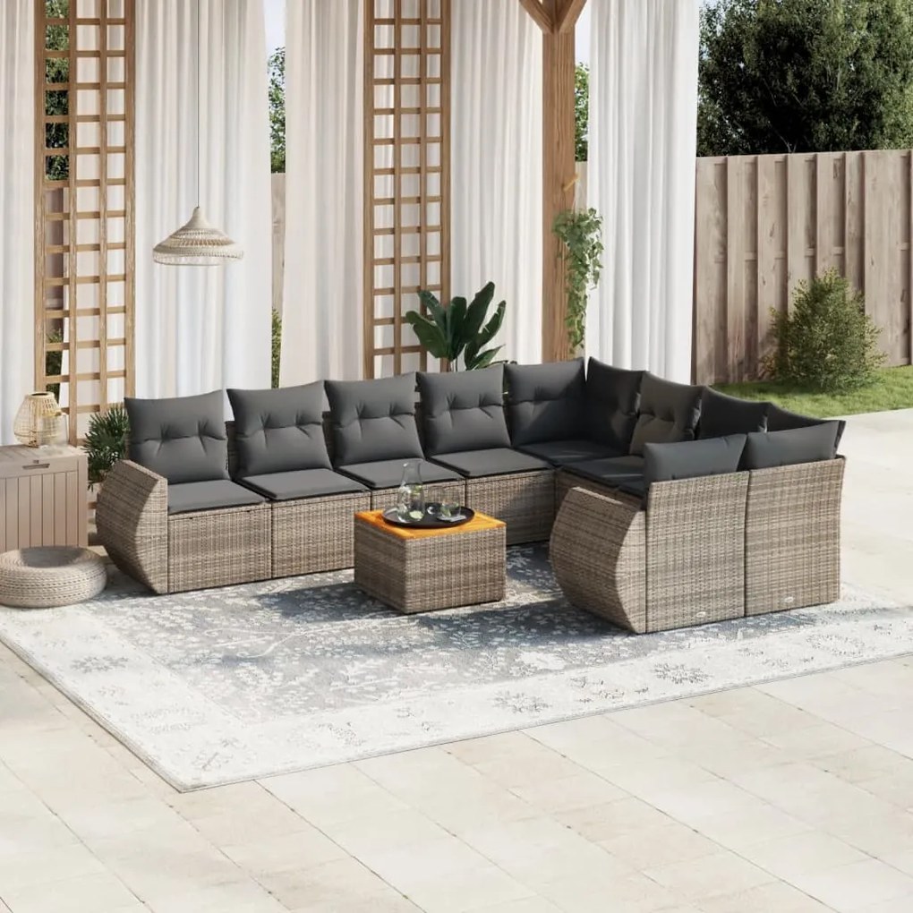 10 pcs conjunto sofás de jardim c/ almofadões vime PE cinzento