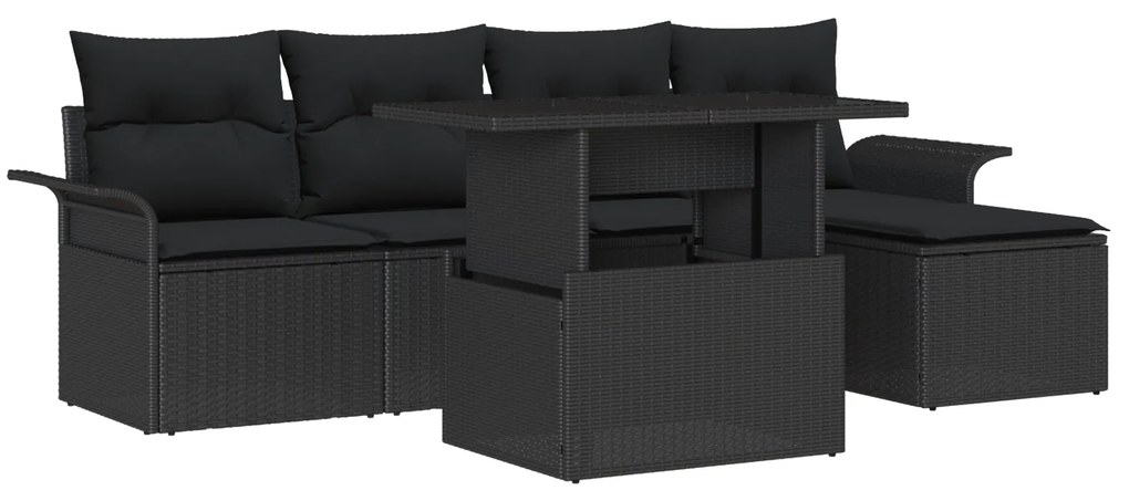 Conjunto de Sofá de Jardim de 6 Peças com Almofadas Preto Rattan Polié