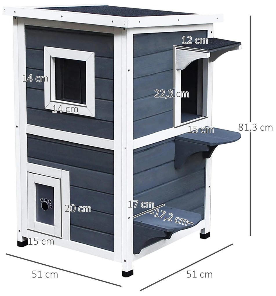 Casa para Gatos de Madeira Exterior Casa para Gatos de 2 Andares com Teto se Abre Janelas e 2 Plataformas 51x51x81,3cm Cinza