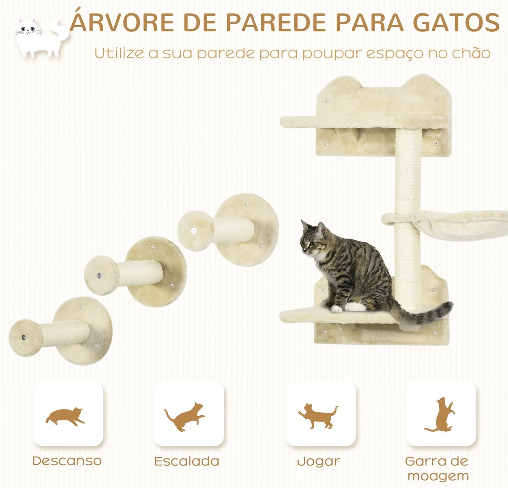 Conjunto de Prateleiras de Parede para Gatos de 4 Peças com 3 Postes de Sisal Rede e 1 Plataforma para Saltar de 3 Níveis Bege