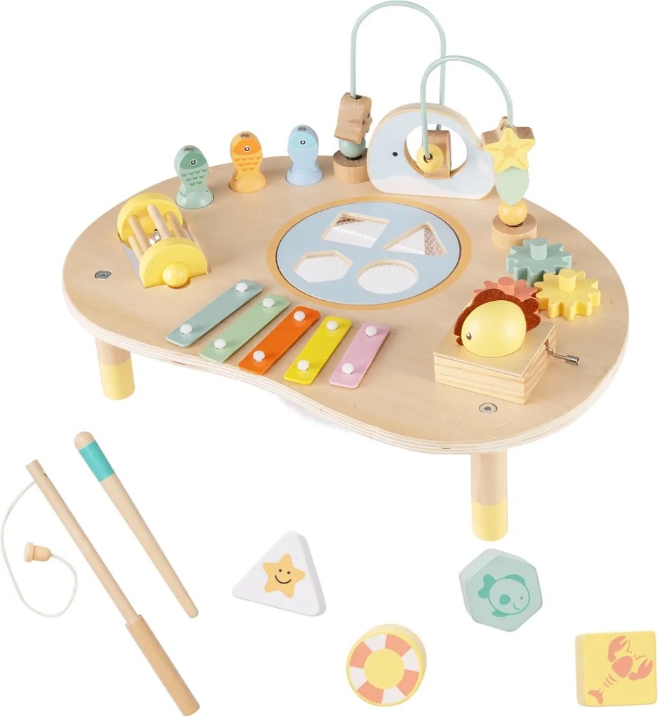 Mesa de atividades 7 em 1 para crianças 44 x 31 x 27 cm Montessori sensorial de madeira com labirinto de contas e xilofone para 12+ meses Natural