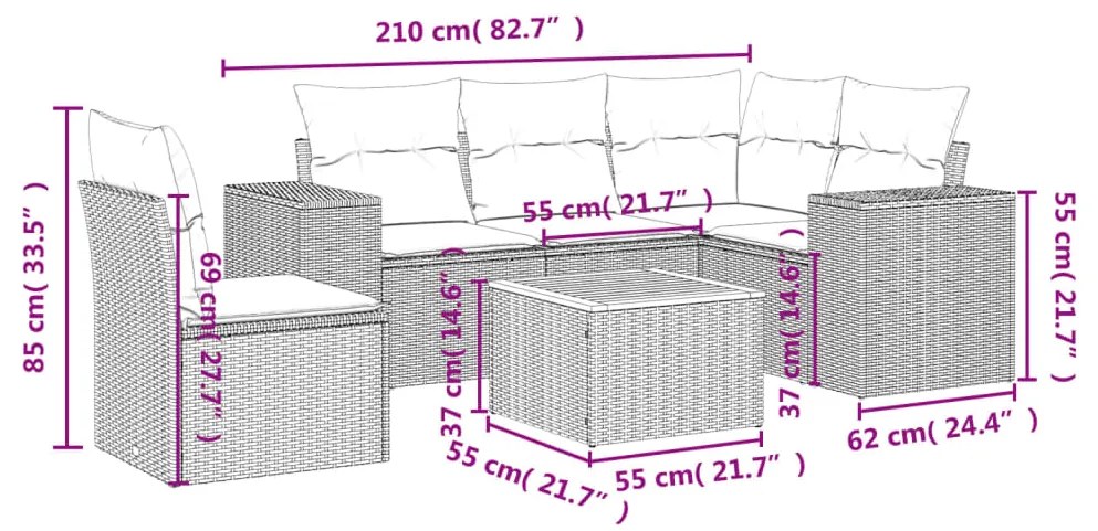 6 pcs conjunto sofás de jardim c/ almofadões vime PE preto