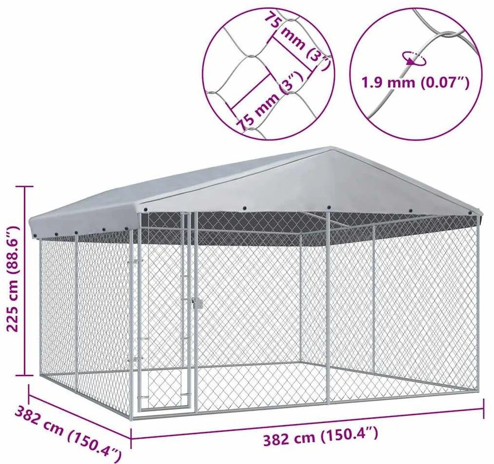 Canil de exterior com telhado 382x382x225 cm