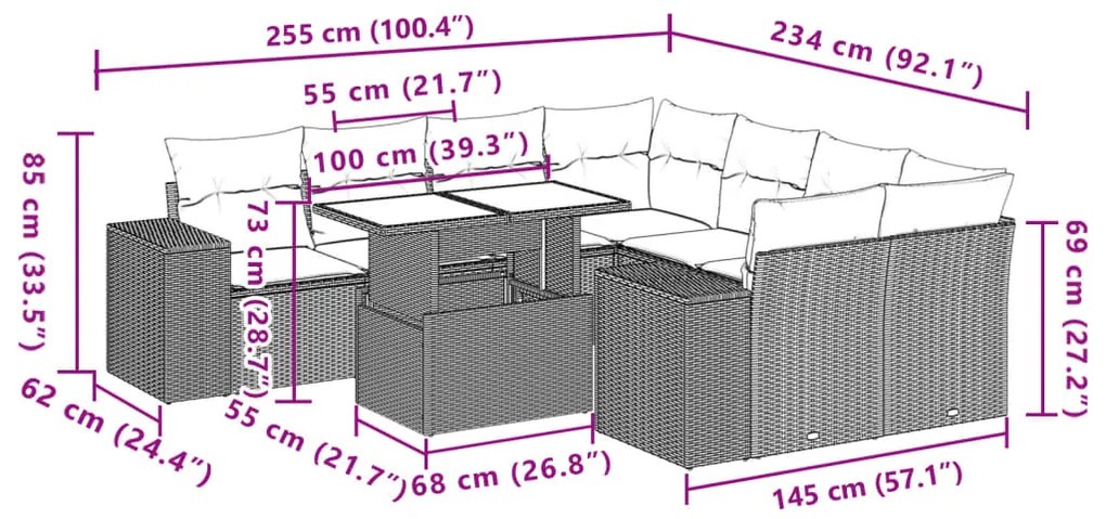 9 pcs conjunto sofás p/ jardim com almofadões vime PE cinzento