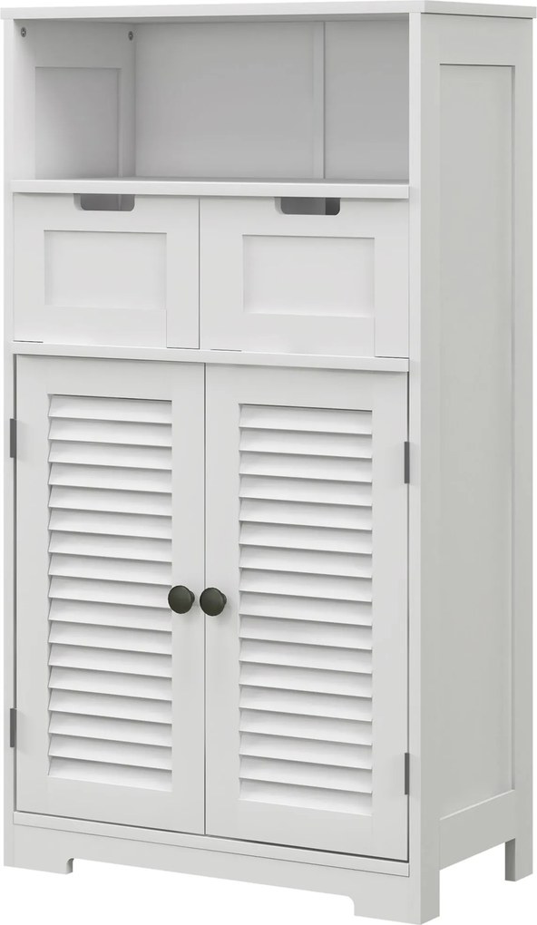 Móvel de casa de banho com 2 portas 61 x 30,5 x 109,5 cm, prateleira ajustável e 2 gavetas, compartimentos abertos, branco