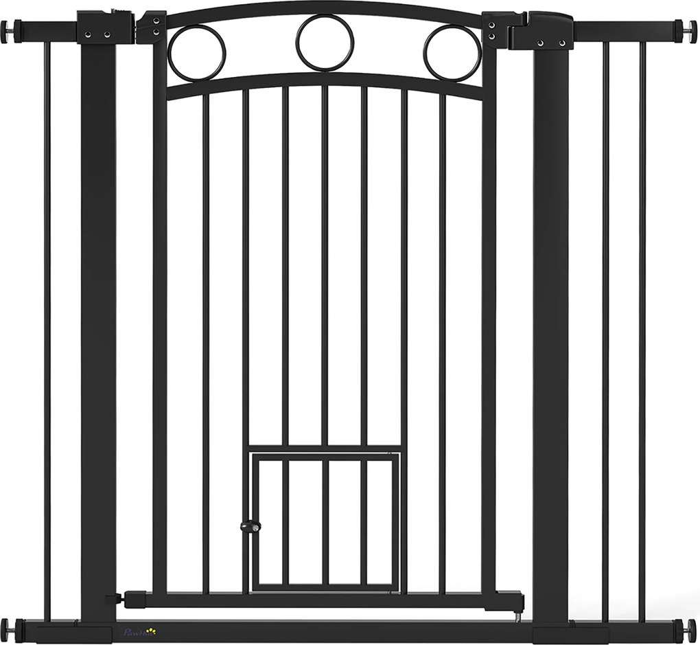 PawHut Portão para pets, grade para escadas 96 cm, largura ajustável 76-104 cm, com portinhola para gatos, para escadas e vãos de porta, Preto | Aosom Portugal