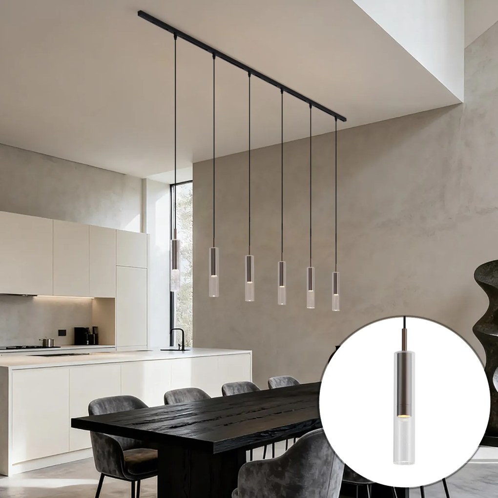 Sistema de calhas de iluminação moderno preto com 6 candeeiros suspensos em bronze escuro monofásico - Slimline Loyce