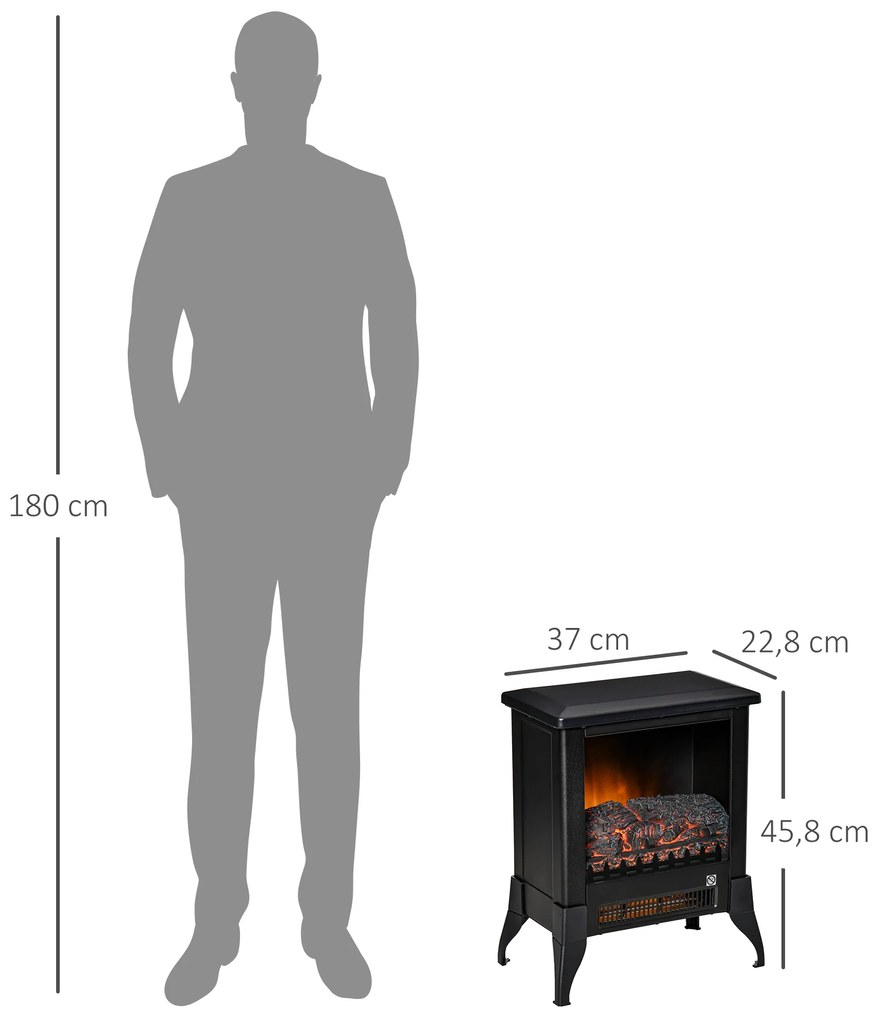 Lareira Elétrica Portátil 1800-2000W Simulação de Chama Termostato Ajustável e Proteção de Superaquecimento para Salas de até 30m² 37x22,8x45,8cm Pret