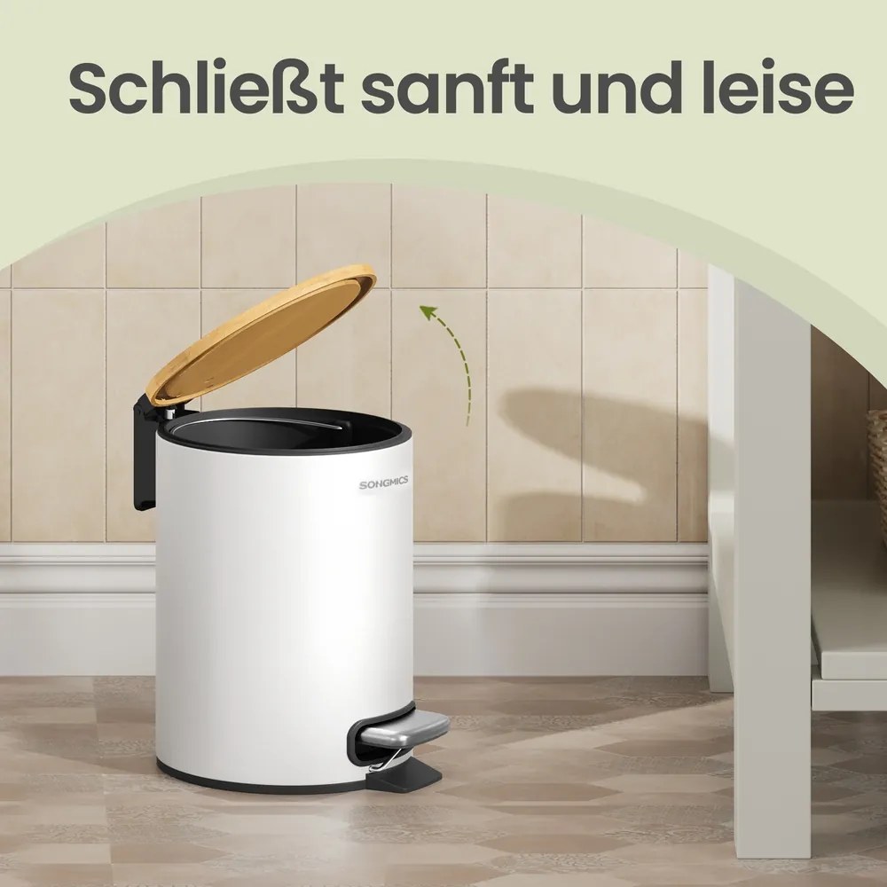 Caixote do lixo para casa de banho de 3 litros, com tampa de bambu, com pedal Branco