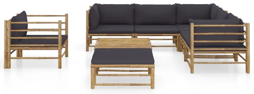 8 pcs conj. lounge jardim em bambu c/ almofadões cinza-escuro