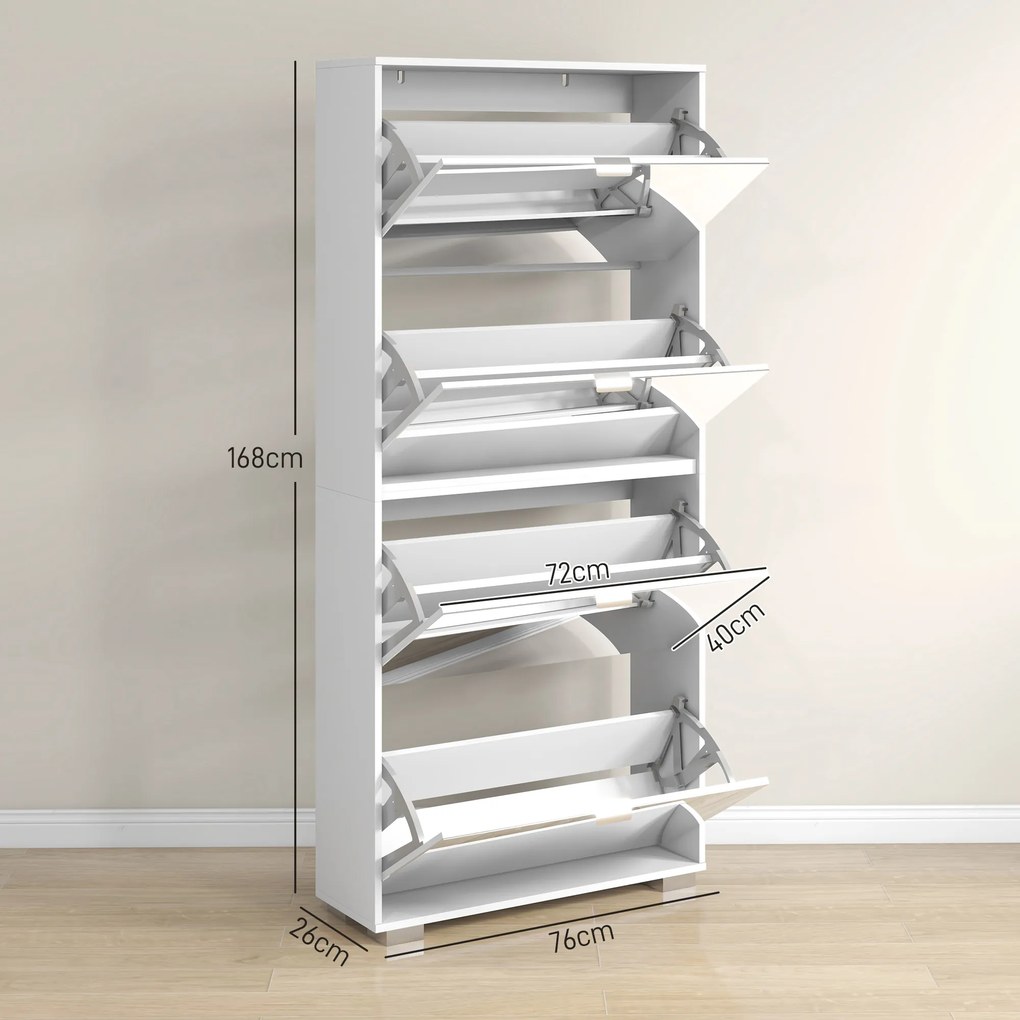 Sapateira 2 em 1 com frentes espelhadas 76 x 26 x 168  cm, 4 portas basculantes, prateleiras ajustáveis, capacidade para até 24 pares, branco
