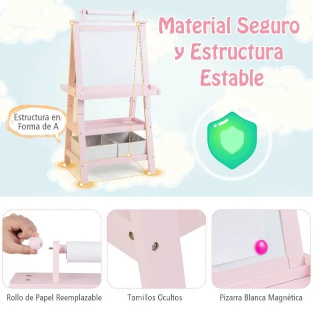 Cavalete infantil de dupla face 3 em 1 com 2 prateleiras 2 caixas e tabuleiro grande 59 x 50 x 117 cm Rosa