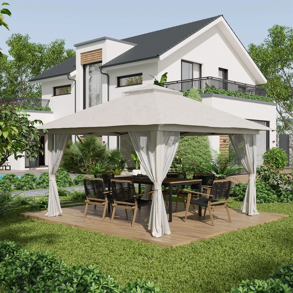 Outsunny Tenda Dobrável Pop-UP 3,92x3,92x2,83m Tenda de Jardim com Altura Ajustável Proteção UV50+ Teto Duplo Rede Mosquiteira e Bolsa de Transporte com Rodas para Festas Campismo Bege