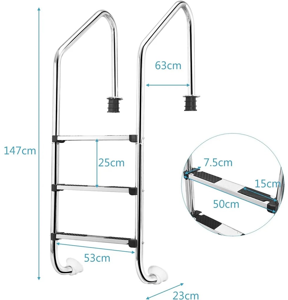 Escada para piscina em aço inoxidável antiderrapante removível com 3 degraus, carga máxima de 150 kg, 53 x 63 x 147 cm Prateado